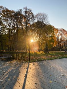 the sun shines brightly through the trees and leaves on the ground in a park