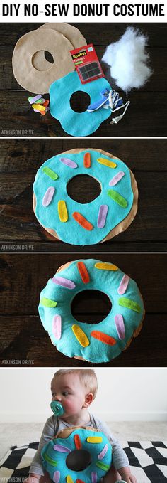 a baby is sitting on the floor with a donut costume made out of doughnuts