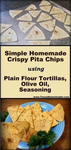 Fast Pita Chips Using Flour Tortillas. ~ Texas Homesteader ~ Using Flour Tortillas, Flour Tortilla Chips, Pita Chips Recipe, Homemade Pita Chips, Baked Pita Chips, Healthy Low Carb Snacks, Homemade Flour Tortillas, Crispy Chips, Homemade Tortilla Chips