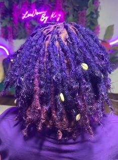 Purple Dreadlocks Black Women, Blue And Purple Locs Black Women, Purple Hair Locs, Purple Dyed Locs, Loc Color Combos, Dark Purple Locs, Purple Locs Black Women, Colored Roots With Black Hair, Loc Dye Ideas