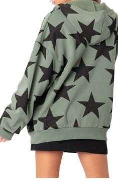 Here's the starry fleece sweatshirt that's ready to headline your weekend agenda. 50% polyester, 50% rayon Machine wash, tumble dry Imported Trendy Hooded Sweatshirt With Star Print, Trendy Fall Hoodie With Star Print, Trendy Star Print Hoodie Sweatshirt, Trendy Hoodie Sweatshirt With Star Print, Casual Star Print Hoodie For Fall, Relaxed Fit Star Print Sweatshirt For Fall, Relaxed Fit Sweatshirt With Star Print For Fall, Oversized Long Sleeve Hoodie With Star Print, Trendy Oversized Hoodie With Star Print