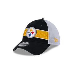 The Pittsburgh Steelers Banded 39THIRTY Stretch Fit Cap features an embroidered Steelers logo at the front panels with a team wordmark at the rear. Additional details include a mesh stretch fit and a gray undervisor. Sports Six-panel Trucker Hat With Logo Patch, Sporty Baseball Cap With Logo Patch For Sports, Sporty Logo Hats For Sports, Sporty Logo Sports Hat, Sports Trucker Hat With Logo Patch And Curved Visor, Sports Trucker Hat With Curved Visor And Logo Patch, Sporty Trucker Hat With Logo Patch For Baseball Season, Sporty Trucker Hat With Logo Patch, Sports Visor Hat With Logo