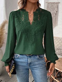 Women Embroidered Decor Solid Color Shirt,Long Sleeve Tops Dark Green Casual  Long Sleeve Woven Fabric Plain Top Non-Stretch  Women Clothing, size features are:Bust: ,Length: ,Sleeve Length: