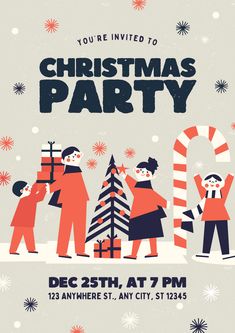 a christmas party poster with people in the background and snowflakes on the ground