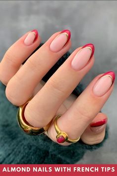 Almond nails with French tips Designs Perfect For women Almond Nails Red, Almond Nails French, Xmas Nail, Red And Gold Nails, Almond Shape Nails, Her Nails, French Nail Designs, Almond Nails Designs, Tip Nails