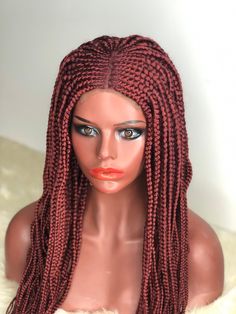 Braided Burgundy 99j 4x4 Lace Closure Wig Cornrow Braids Box Etsy Extra Large Box Braids, 99j Knotless Braids, Knotless With Color, Knotless Box Braids Color, Box Braids Color, Braid Front Of Hair, Trendy Fall Hair Color, Braids Color