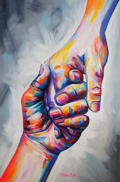 a painting of two hands holding each other with colors in the middle and on top