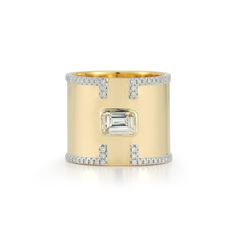 14kt Diamond Tralis Cigar Band Bold and beautiful, this timeless cigar band is made of a brilliant emerald cut diamond mounted in solid gold and accented by diamonds. This ring is a show stopper and is bound to stand out. 14kt Yellow Gold 11.01gm Gold 0.54ct Diamonds 0.61 D VS1 Diamond - Center Stone 12mm Wide Made in New York Luxury Jewelry With Baguette Cut Diamond Accents, Luxury Diamond Ring With Single Cut Baguette Diamonds, Wide Band Wedding Jewelry With Single Diamond, Luxury Baguette Cut Ring With Single Cut Diamonds, Luxury Diamond Jewelry With Baguette Cut, Luxury Baguette Cut Diamond Jewelry, Yellow Gold Baguette Diamond Jewelry, Fine Jewelry Wide Band With Single Diamond, Fine Jewelry With Single Diamond Wide Band