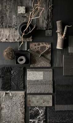 the wall is covered in different types of materials and textures, including carpeting samples