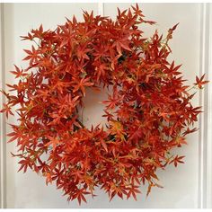 a wreath with red leaves hanging on the front door