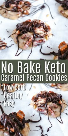 no bake keto caramel pecan cookies with chocolate drizzle on top