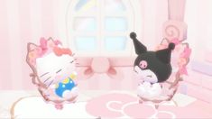 an animated image of hello kitty sitting in a chair with her stuffed animal friend on it