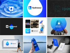 several different logos are shown in this collage, including water and blue colors with the words hydrosolu on them