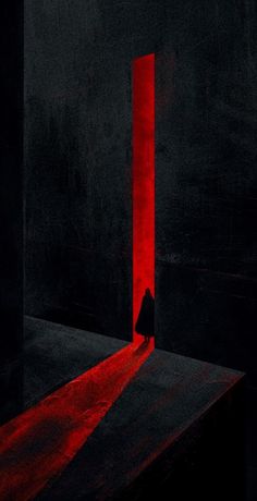 a person standing in the middle of a dark room with red light coming from it