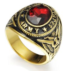 PRICES MAY VARY. Solid Stainless Steel Army Ring 18K Gold Plated. Polished and Comfort Fit Created Red Crystal Stone Nickel Free, Hypoallergenic Never Rust or Color Finger Army Rings, Marine Veteran, Masonic Ring, United States Army, Mens Accessories Jewelry, Mens Gold, Red Garnet, Stones And Crystals, Garnet