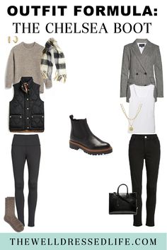 Style Black Chelsea Boots Women, Chelsea Boot Work Outfit Women, Chelsea Sweater Blazer Outfit, Blazer And Chelsea Boots Outfit, Leather Leggings With Chelsea Boots, Black Chelsea Boots With Dress, Chelsea Rainboot Outfits, Chelsea Boots Outfit Women Over 50, Black Chealse Boots Women Outfit