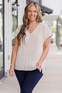 Not Right Now Babe Top, Champagne – Chic Soul Chic V-neck Top For Day Out, Elegant V-neck Top For Day Out, Beige V-neck Top For Work, Chic Beige V-neck Blouse, Beige V-neck Blouse, Chic Soul, Elevate Your Look, Model Fits, Ribbed Fabric