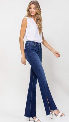 High Rise Flare with Slit Flair Jeans, Denim Flares, Bell Bottom Jeans, Stretch Denim, Denim Jeans, Going Out, Fashion Dresses, High Rise, Blazer