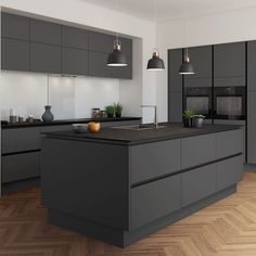 a modern kitchen with grey cabinets and wood flooring is pictured in this 3d image