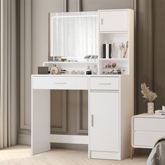 a white desk with drawers and a mirror on it in a room next to a bed