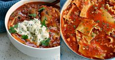 two pictures side by side one with pasta and the other with meat in tomato sauce