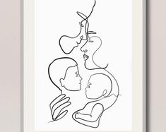 a black and white drawing of two people with one holding the other's head