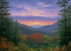 a painting of a sunset in the mountains