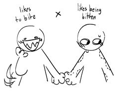 two cartoon characters shaking hands with one holding the other's hand and another saying, likes being bitten