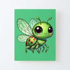 a green and red insect with big eyes on a green background canvas mounted to a wall