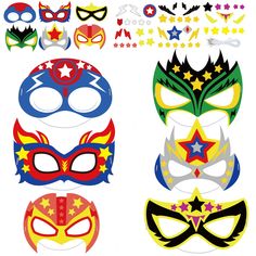 four different masks with stars on them