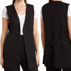 Dr2 By Daniel Rainn Sleeveless Blazer Evoke Polished Style In A Sleeveless Blazer Constructed In A Sleek Longline Silhouette From Soft Stretch Crepe. . One-Button Closure V-Neck . Sleeveless . Lined. 78% Polyester, 19% Rayon, 2% Spandex Hand Wash, Line Dry Imported Model Stats: 5'10" Height, 32" Bust, 25" Waist, 36" Hip. Model Is Wearing Size Small. . Item # 7487567 Versatile Sleeveless Outerwear For Work, Chic Sleeveless Outerwear For Daywear, Sleeveless Fall Vest For Daywear, Chic Sleeveless Vest For Layering, Chic Sleeveless Vest For Daywear, Classic Single Button Sleeveless Blazer, Womens Hooded Vest, Semi-formal Sleeveless Blazer With Hidden Button Closure, Black Tailored Single-breasted Vest