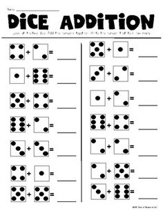 the dice addition worksheet is shown in black and white with dots on it