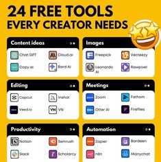 a poster with the words 24 free tools every creator needs