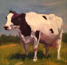 a painting of a cow standing in a field