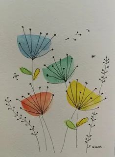 watercolor painting of flowers on white paper with birds flying in the sky behind them