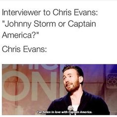 an image of a man on stage with the caption that reads, interviewer to chris evans johnny storm or captain america?