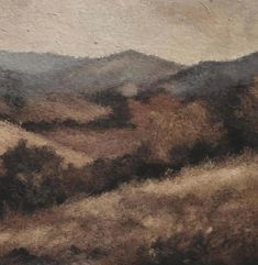 an abstract painting of hills and trees in the distance with brown grass on each side