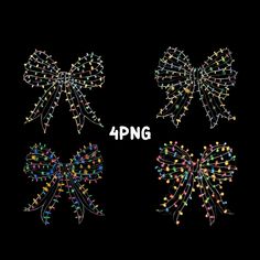 four bows with colored lights on them and the words 4pmg written in white