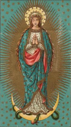 an icon of the virgin mary with stars and crescents around her body, on a blue background