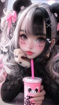 a girl with long black hair holding a pink cup and drinking from a straw in front of her face