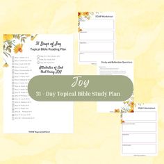 the 31 day tropical bible study plan is shown with yellow flowers and leaves on it