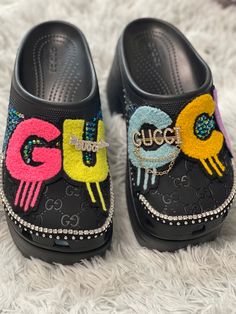 Custom blinged GG Siren Clog size 10 Designer Embellished Mules, Blinged Crocs, Croc Designs, Bling Crocs, Baby Momma, Clogs And Mules, Girly Accessories, Top Shelf, Clogs Shoes