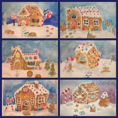 four pictures of gingerbread houses with candy and candies on the roof, watercolor