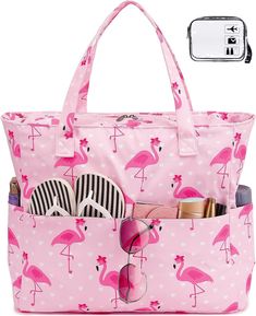 Beach Pool Bags Tote for Women Ladies Large Gym Tote Carry on Bag with Wet Compartment for Weekender Travel Waterproof Flamingo Clothes, Flamingo Bag, Large Beach Bags, Gym Tote, Pool Bags, Flamingo Pink, Smart Design, Day Bag, Pink Flamingo