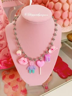 "Sweets love chain charms handmade necklace, includes 5 charms that you will absolutely love. Pink macaron, pink lips, colorful teddy bear, love me lollipop, sweet candy, pink heart hat charms, they are all so girly and stunning. This necklace is so adorable for Valentine's Day & would also be a great gift for the ones you love.  Measurements.  17.7\" Follow my shop to be notified of new releases & exclusive discounts.  Have a blessed day." Hat Charms, Preppy Accessories, Cherry Necklace, Claw Necklace, Candy Jewelry, Chunky Bracelet, Bear Love, Jewellery Sketches, Diy Bracelet Designs