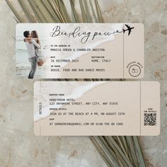 two tickets with the words boarding pass printed on them, next to some bamboo sticks