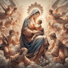 the virgin mary and child surrounded by angels