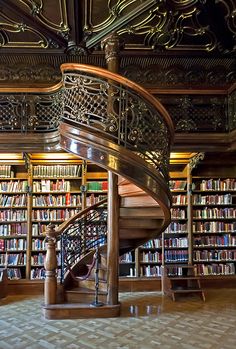 a spiral staircase in the middle of a library filled with books