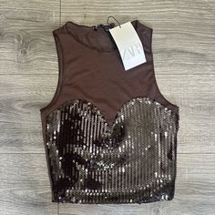 New, Never Worn No Imperfections Brown Zara Top For Party, Zara Brown Party Tops, Brown Stretch Crop Top For Party, Zara Sleeveless Sequin Top, Zara Crop Top, Cropped Top, Zara Tops, Im Not Perfect, Zara