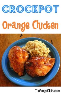 the crockpot orange chicken is on a blue plate